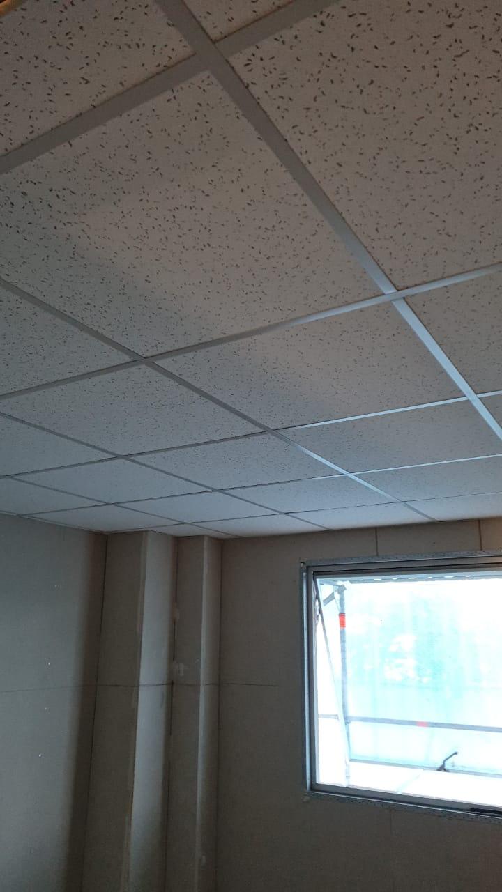 Oficina con cielo de fibra mineral texturada junto a la ventana