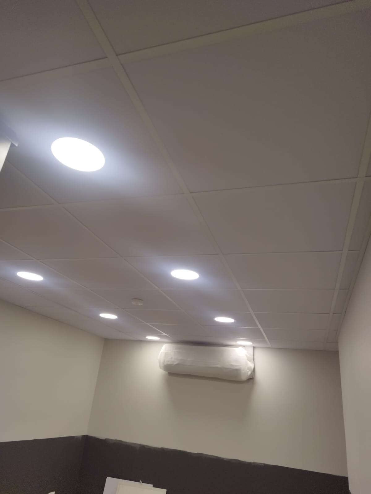Sala con cielo modular y foco LED redondo empotrado